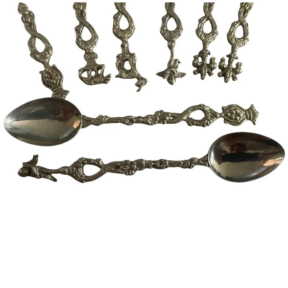 Vintage Italian Silver Tone Demitasse Souvenir Spoons Set of 8 Figural Handles